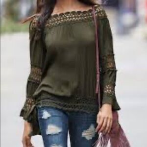 Venus Dark Green Crochet Side Tie Top Size 8 like New